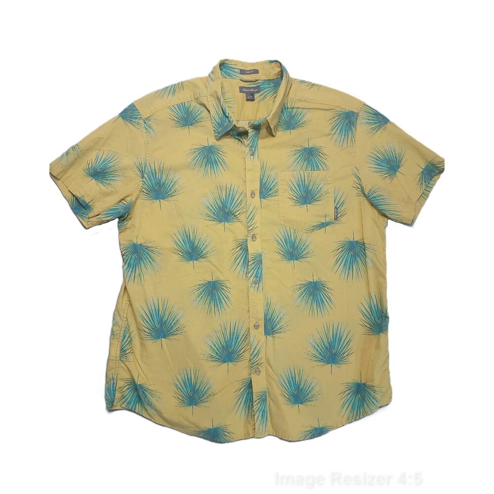 Eddie Bauer Shirt Mens XL Classic Fit Button Up Yellow Blue Palm Leaf Cotton